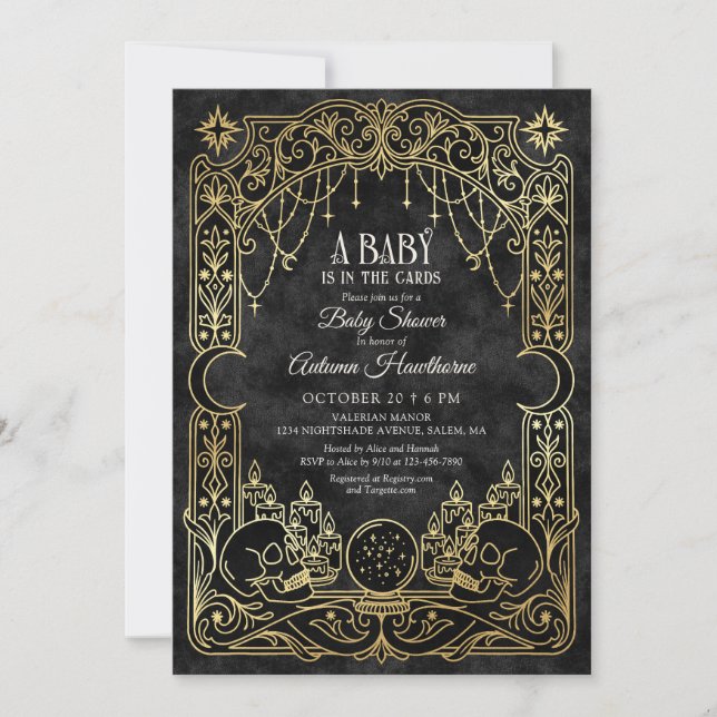 Invitación Fiesta de Bebé Tarot Halloween Negro (Anverso)