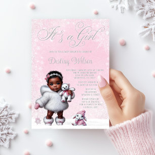 Invitación Fiesta de Bebé Tema Invierno Copo de Nieve Rosa