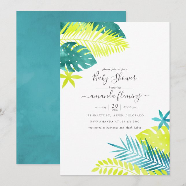 Invitación Fiesta de bebé tropical turquesa y limón (Anverso / Reverso)