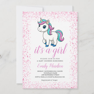 Invitación Fiesta de bebé unicornio de acuarela rosa adorable