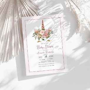 Invitación Fiesta de Bebé Unicornio Floral Rosa Dorado y Beig