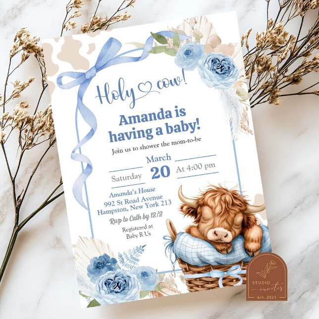Invitación Fiesta de Bebé Vaca Highland con Lazo Azul Boho (Subido por el creador)