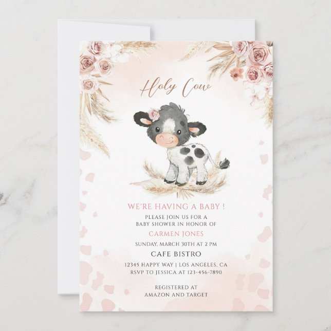 Invitación Fiesta de Bebé Vaca Sagrada con Flores Rosadas (Anverso)