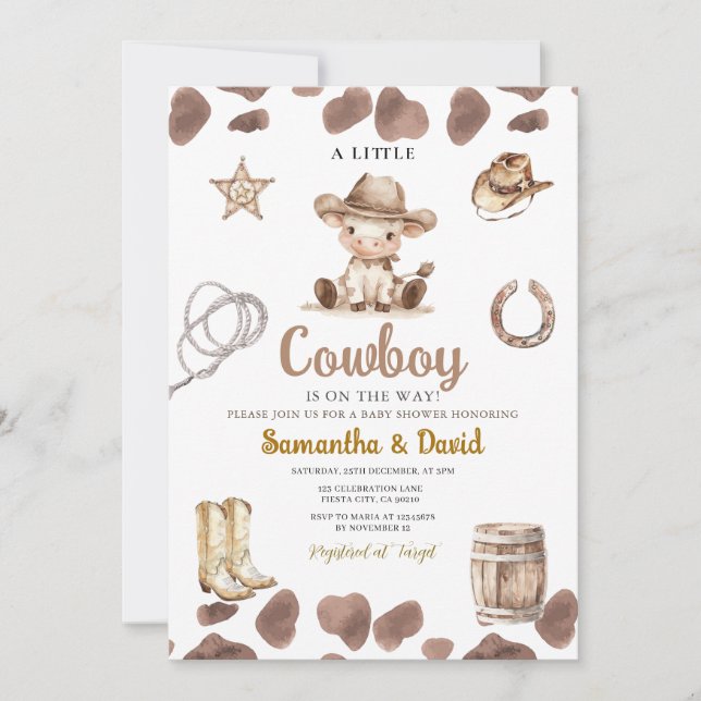 Invitación Fiesta de Bebé Vaquero con Patrón de Vaca en Camin (Anverso)