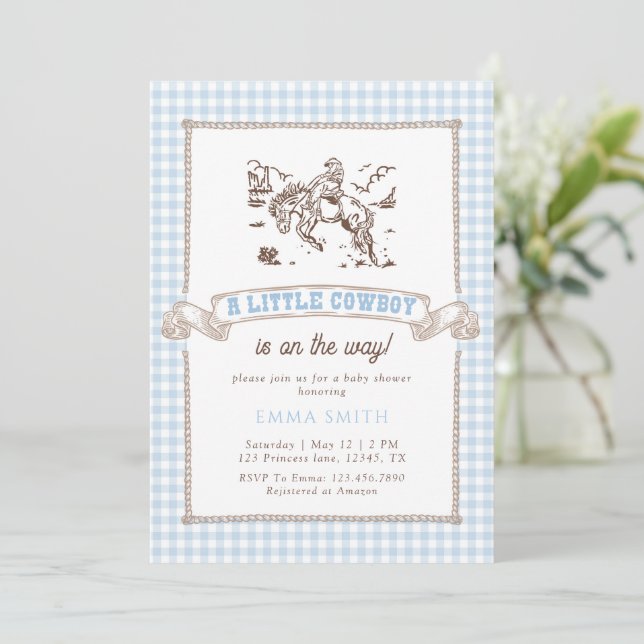 Invitación Fiesta de Bebé Vaquero de Gingham Azul Oeste Salva (Anverso de pie)