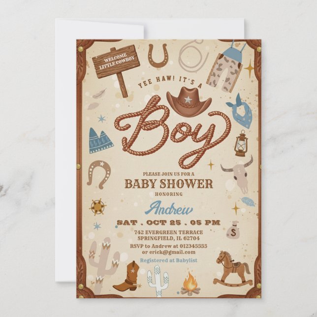 Invitación Fiesta de Bebé Vaquero del Rancho Rodeo del Oeste (Anverso)