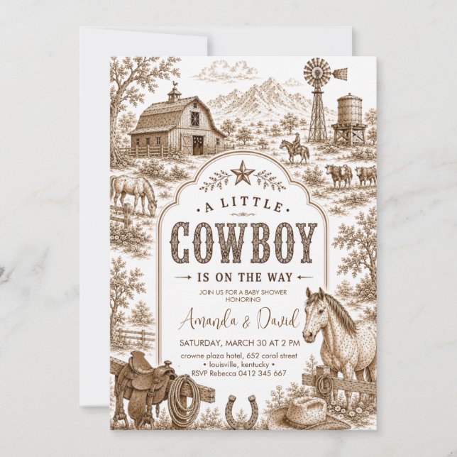Invitación Fiesta de Bebé Vaquero Vintage Occidental (Anverso)