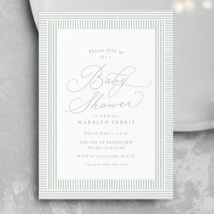 Invitación Fiesta de bebé verde neutral con raya de seersucke