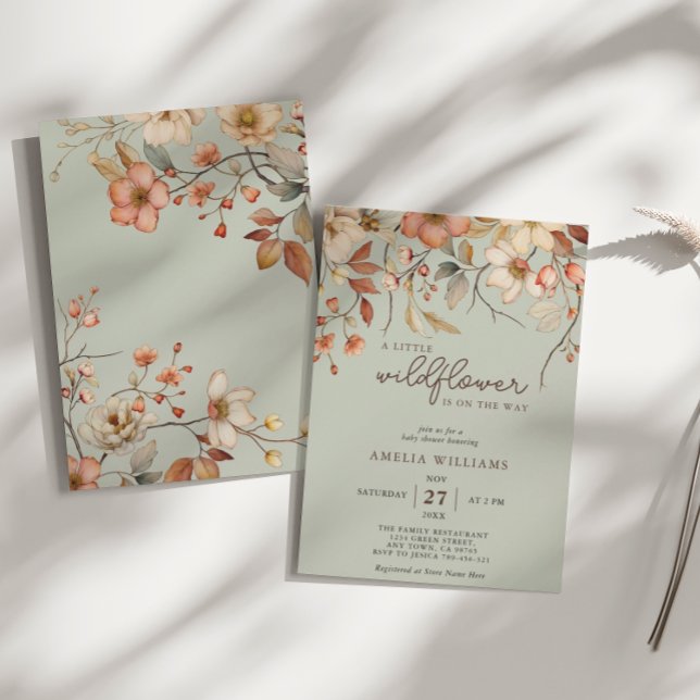 Invitación Fiesta de Bebé Verde Salvia Floral Boho Flor Silve (Subido por el creador)