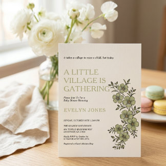 Invitación fiesta de bebé verde salvia, pequeña aldea fiesta