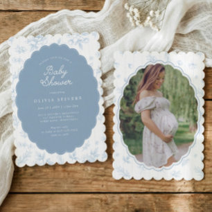 Invitación Fiesta de Bebé Vintage Azul Floral Elegante Escalo