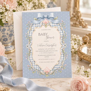 Invitación Fiesta de Bebé Vintage Floral Rosa Gingham Azul