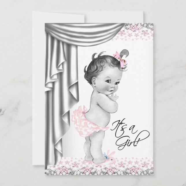 Invitación Fiesta de Bebé Vintage Rosa y Gris (Anverso)