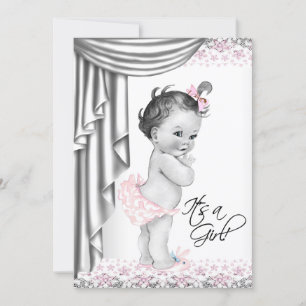 Invitación Fiesta de Bebé Vintage Rosa y Gris