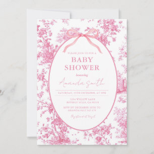 Invitación Fiesta de Bebé Vintage Toile Floral Coqueta Rosa