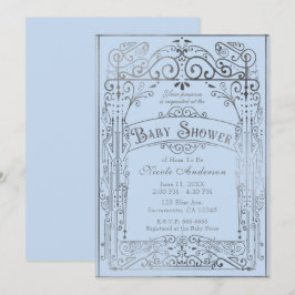 Invitación Fiesta de Bebé Vintage Victoriana Azul Claro y Pla