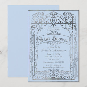 Invitación Fiesta de Bebé Vintage Victoriana Azul Claro y Pla