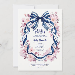 Invitación Fiesta de Bebés Gemelos con Lazo Azul Marino Coque