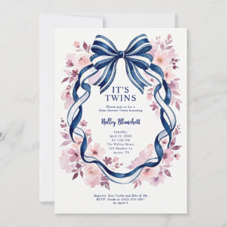 Invitación Fiesta de Bebés Gemelos con Lazo Azul Marino Coque