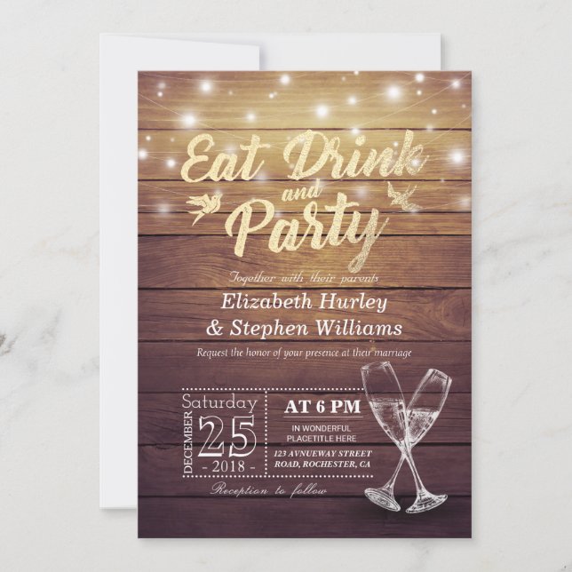 Invitación Fiesta de bebida boda Champán Vidrio Luz de madera (Anverso)