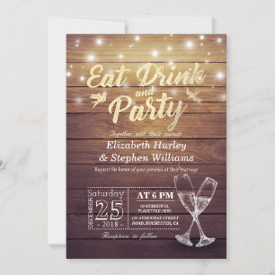 Invitación Fiesta de bebida boda Champán Vidrio Luz de madera