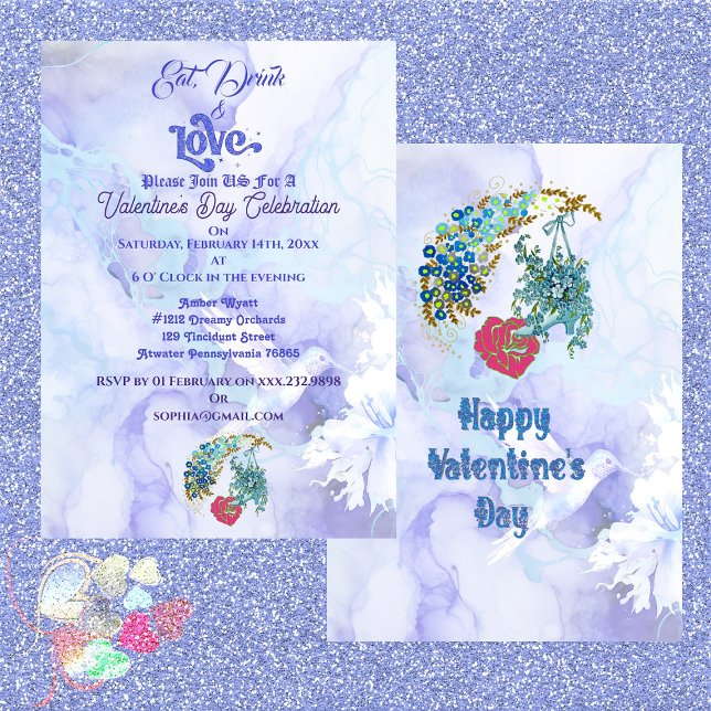 Invitación Fiesta de bebida y amor El día de San Valentín cel (Eat Drink & Love Valentine's Day Party Celebration Invitation)