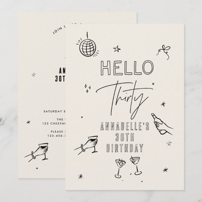 Invitación fiesta de bebidas de 30 años dibujado a mano (Anverso / Reverso)