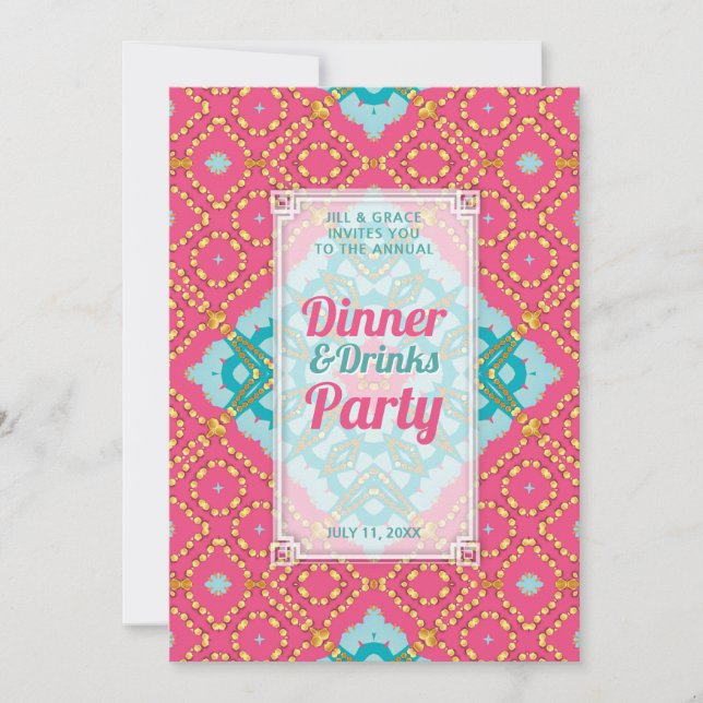 Invitación Fiesta de bebidas para cenar Boho Chic oro teal ro (Anverso)
