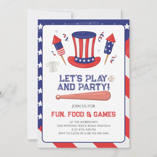 Invitación Fiesta de béisbol del 4 de julio (Anverso)