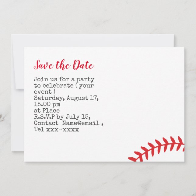 Invitación Fiesta de béisbol para salvar la fecha (Reverso)