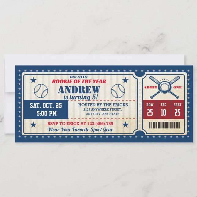 Invitación Fiesta de béisbol personal Cumpleaños de Ticket (Anverso)