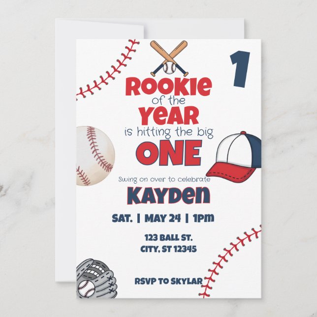 Invitación Fiesta de béisbol Rookie of the Year de primer cum (Anverso)