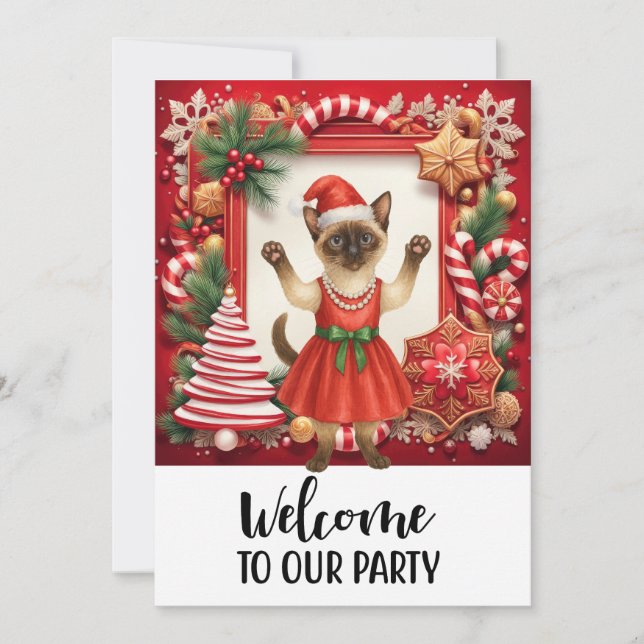 Invitación Fiesta de bienvenida a un gato para Navidades (Anverso)