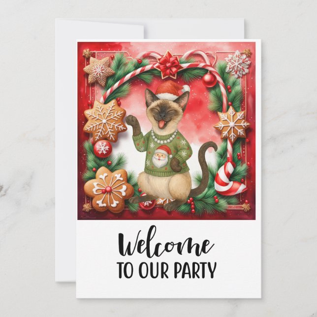 Invitación Fiesta de bienvenida a un gato para Navidades (Anverso)