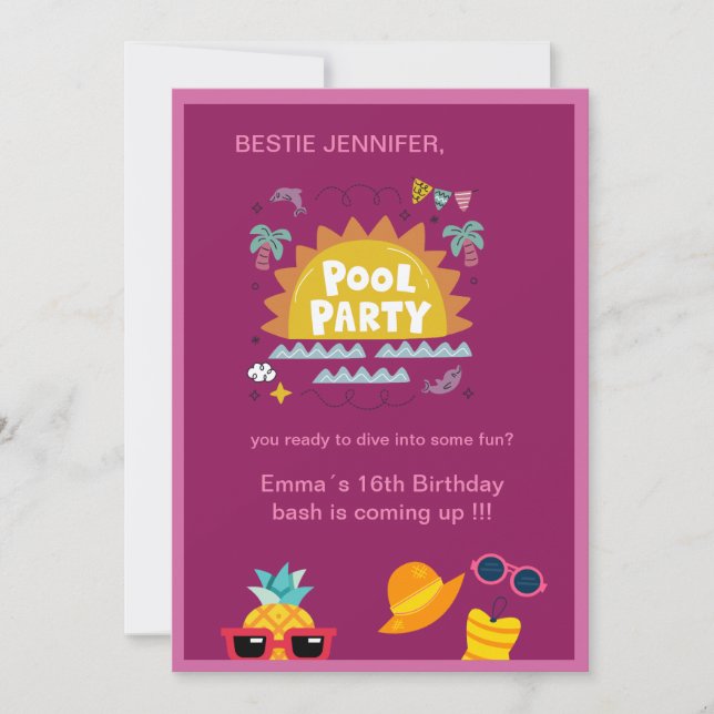 Invitación fiesta de bienvenida adolescente bestial de piscin (Anverso)