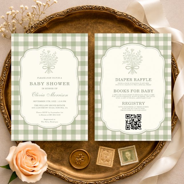 Invitación Fiesta de Bienvenida al Bebé con Lazo Floral Gingh (Subido por el creador)