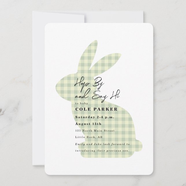 Invitación Fiesta de Bienvenida al Bebé Conejo Gingham Sage (Anverso)