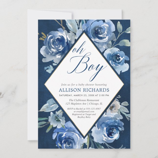 Invitación Fiesta de bienvenida al bebé floral azul del (Anverso)