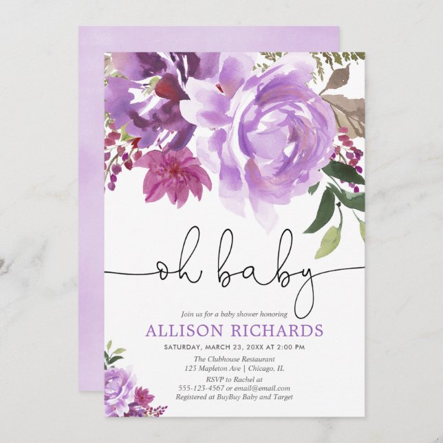 Invitación Fiesta de bienvenida al bebé floral púrpura del (Anverso / Reverso)