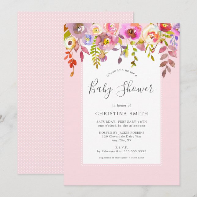 Invitación Fiesta de bienvenida al bebé floral rosada (Anverso / Reverso)