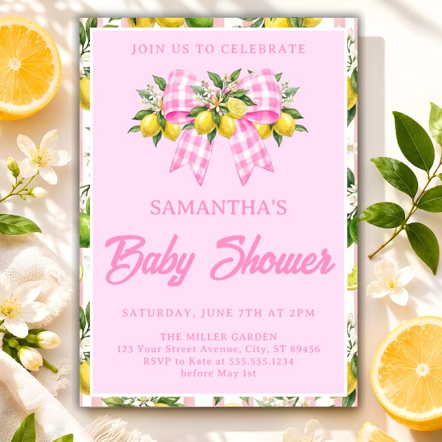 Invitación Fiesta de Bienvenida de Bebé con Lazo de Gingham d (Subido por el creador)