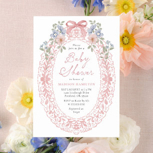 Invitación Fiesta de Bienvenida de Bebé con Lazo Floral Rosa