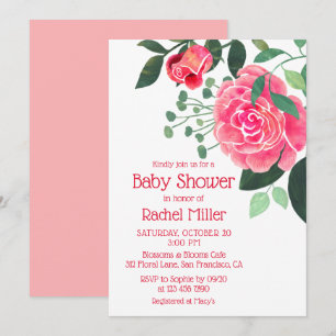Invitación Fiesta de Bienvenida de Bebé Floral Acuarela Rosa