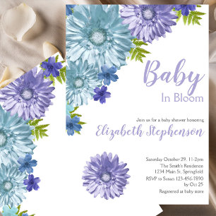Invitación Fiesta de Bienvenida de Bebé Floral Azul en Flor