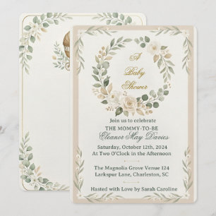 Invitación Fiesta de Bienvenida de Bebé Floral Verde Salvia y