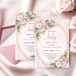Invitación Fiesta de Bienvenida de Bebé Niña Floral Verde Rom