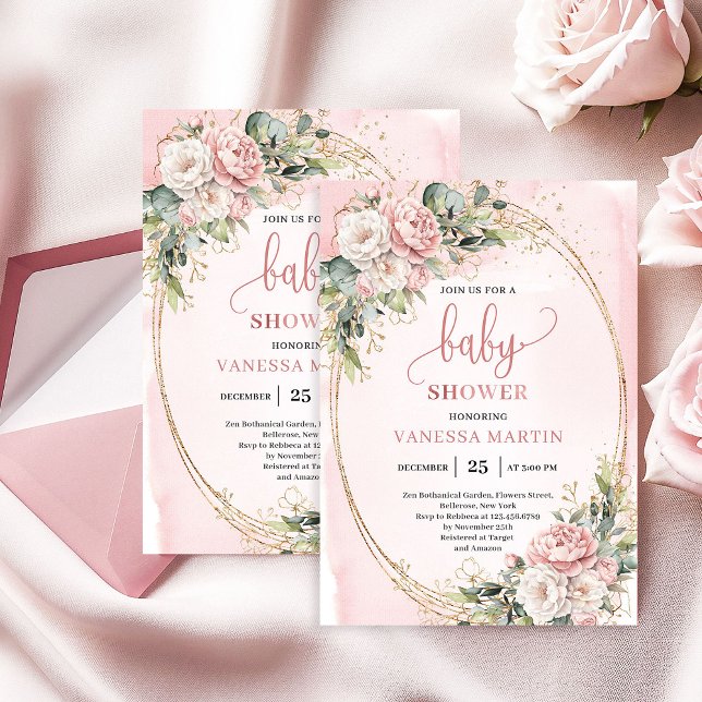 Invitación Fiesta de Bienvenida de Bebé Niña Floral Verde Rom (Romantic Blush Floral Greenery Girl Baby Shower)