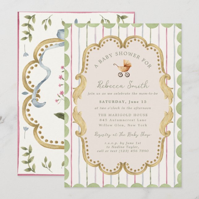 Invitación Fiesta de Bienvenida de Bebé Preppy Grandmillennia (Anverso / Reverso)