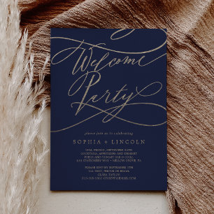 Invitación Fiesta de bienvenida de boda romántica navy y oro