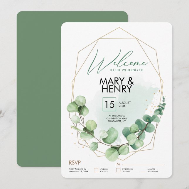 Invitación Fiesta de bienvenida de boda verde eucalipto rsv (Anverso / Reverso)